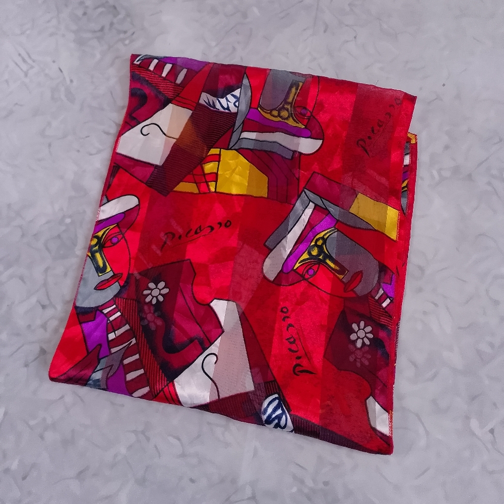 Vintage Picasso Abstract Silk Scarf Red 60x13 Artistic Retro Accessory - Picture 3 of 8